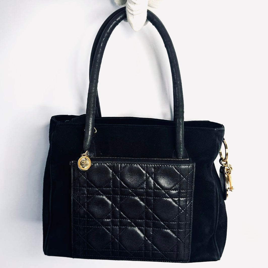 Christian Dior CD Medium Lady Dior Black GHW Quilted Cannage Lambskin & Suede Top Handle Shopper Shoulder Bag