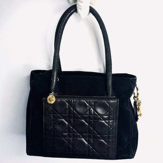 Christian Dior CD Medium Lady Dior Black GHW Quilted Cannage Lambskin & Suede Top Handle Shopper Shoulder Bag
