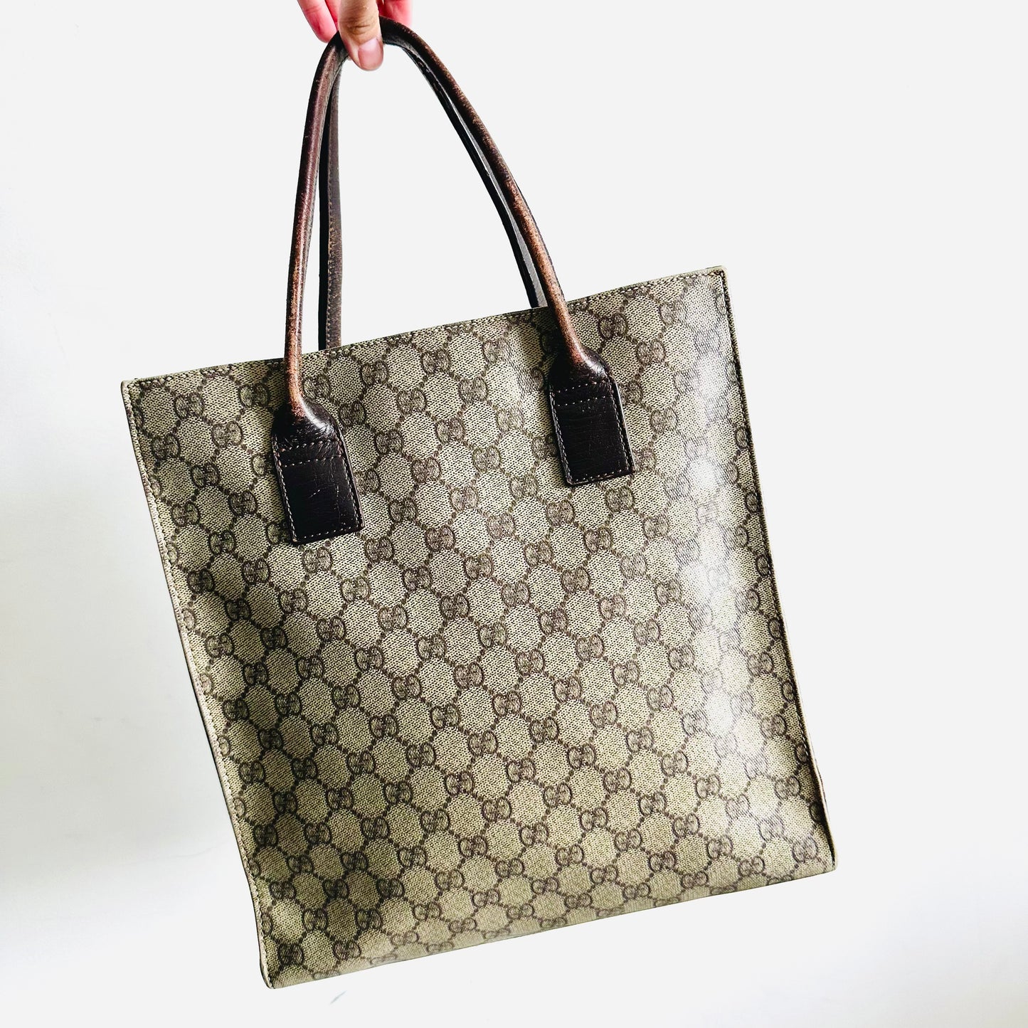 Gucci Supreme Beige / Brown GG Monogram Logo Vertical Tall Top Handle Structured Shoulder Tote Bag