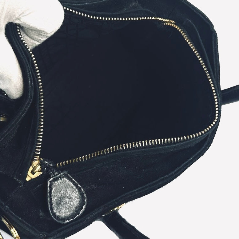 Christian Dior CD Medium Lady Dior Black GHW Quilted Cannage Lambskin & Suede Top Handle Shopper Shoulder Bag