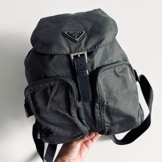 Prada Stone Grey / Gray Ardesia Vela Logo Classic Nylon & Leather Backpack Bag