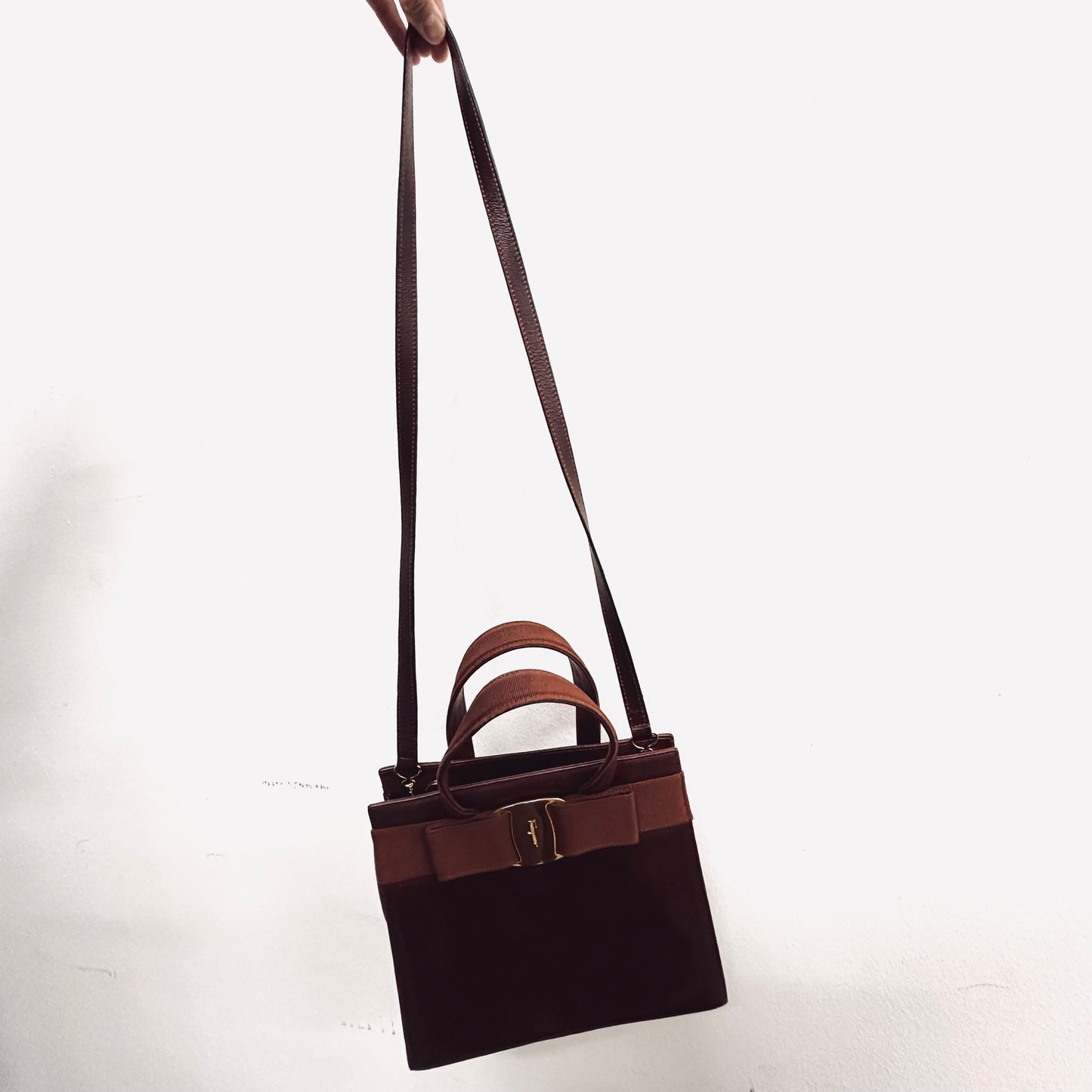 Salvatore Ferragamo Vara Dark Brown GHW Smooth Leather 2-Way Shoulder Sling Top Handle Kelly Bag