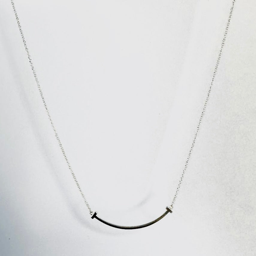 Tiffany & Co T&C T Wire Smile Pendant 925 Sterling Silver Small SM Chain Necklace