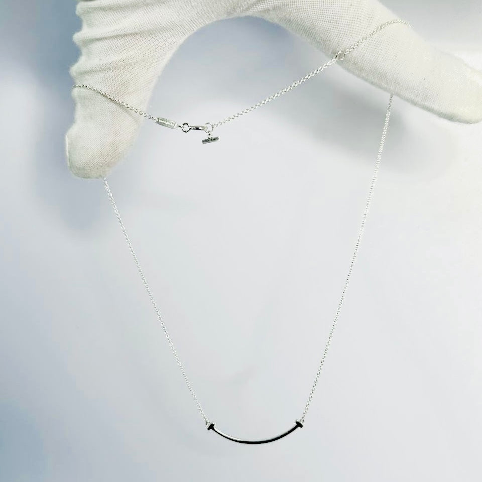Tiffany & Co T&C T Wire Smile Pendant 925 Sterling Silver Small SM Chain Necklace