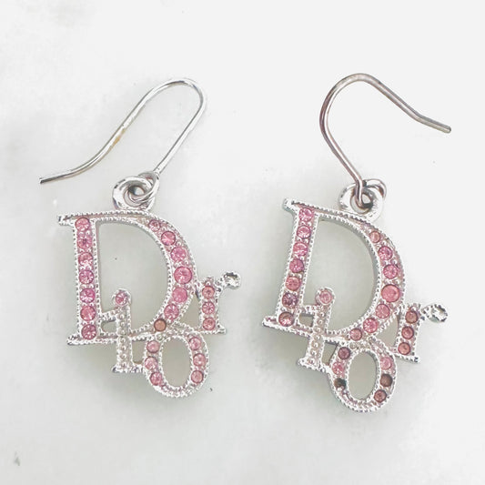 Christian Dior CD Giant Monogram Logo Silver Heart & Pink Crystals Vintage Stud Dangling Earrings