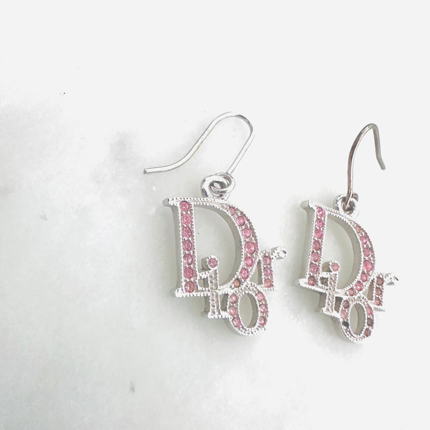 Christian Dior CD Giant Monogram Logo Silver Heart & Pink Crystals Vintage Stud Dangling Earrings