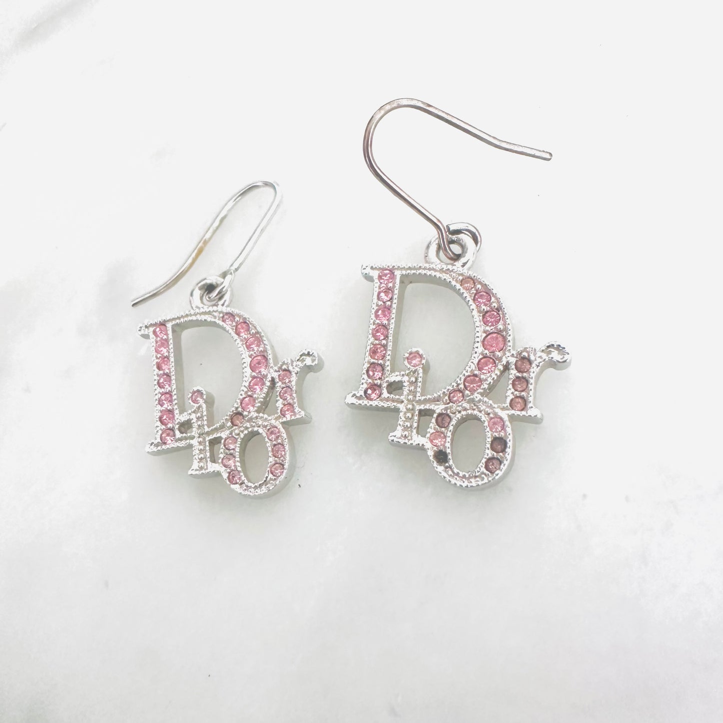 Christian Dior CD Giant Monogram Logo Silver Heart & Pink Crystals Vintage Stud Dangling Earrings