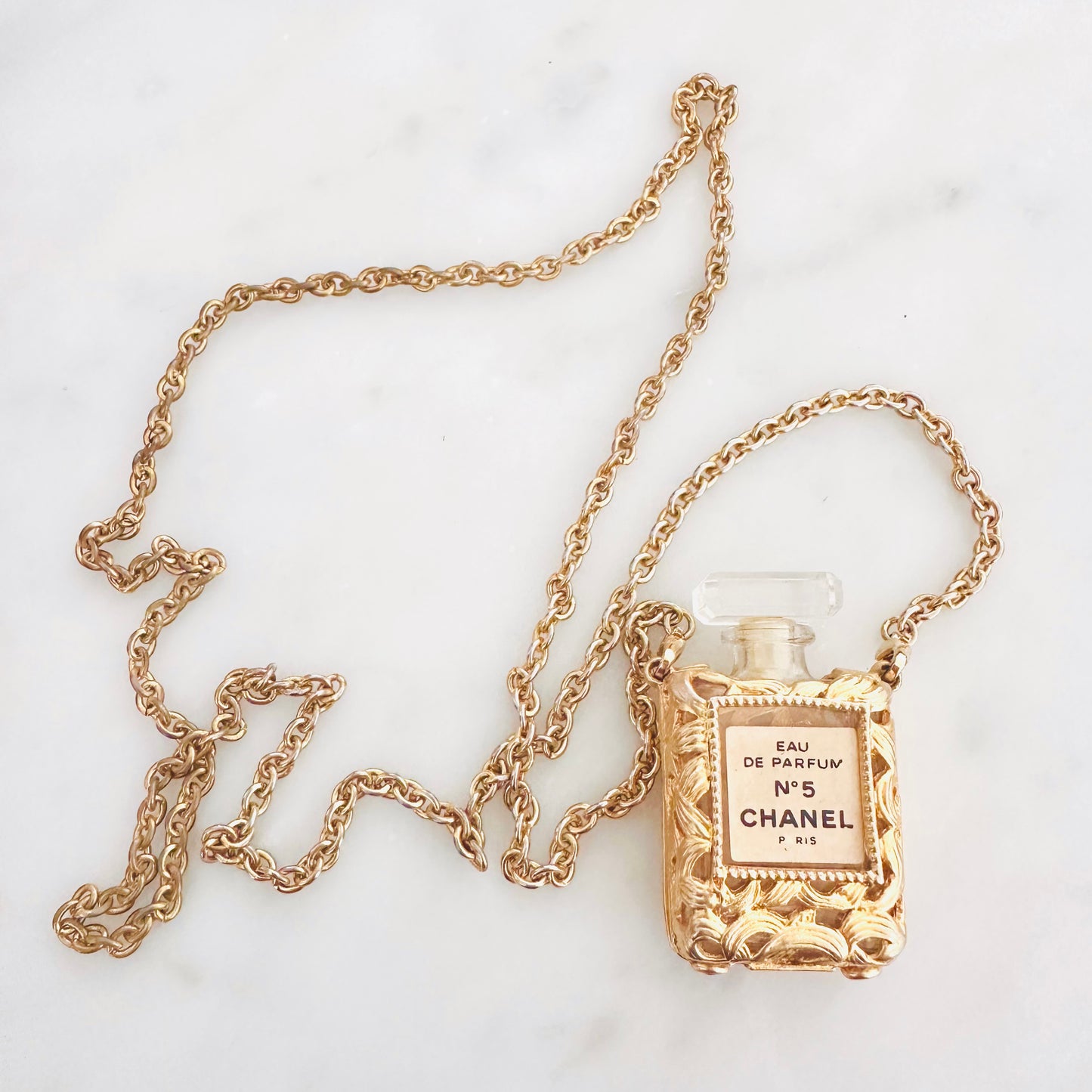 Chanel Golden Treasure Perfume Bottle Giant Monogram Logo Chain Vintage Necklace