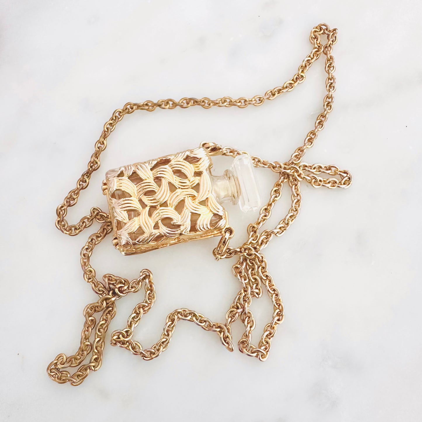 Chanel Golden Treasure Perfume Bottle Giant Monogram Logo Chain Vintage Necklace