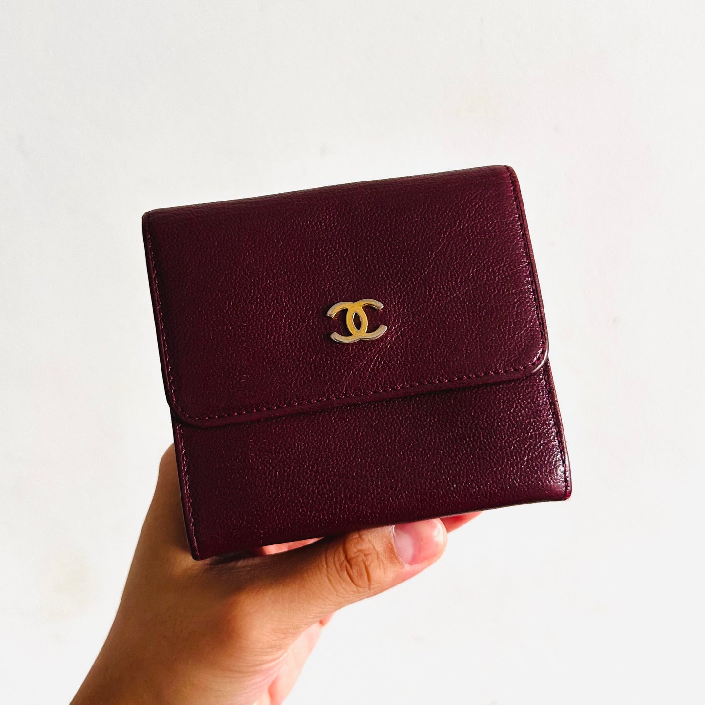 Chanel Maroon GHW CC Logo Chevre Leather Vintage Compact Trifold Flap Wallet 7s