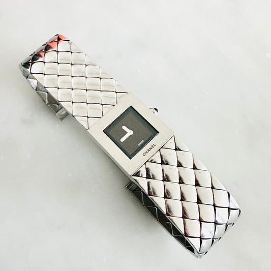 Chanel CC Monogram Logo Black Square Dial Stainless Steel Matelasse Quilted 19MM Quartz Watch