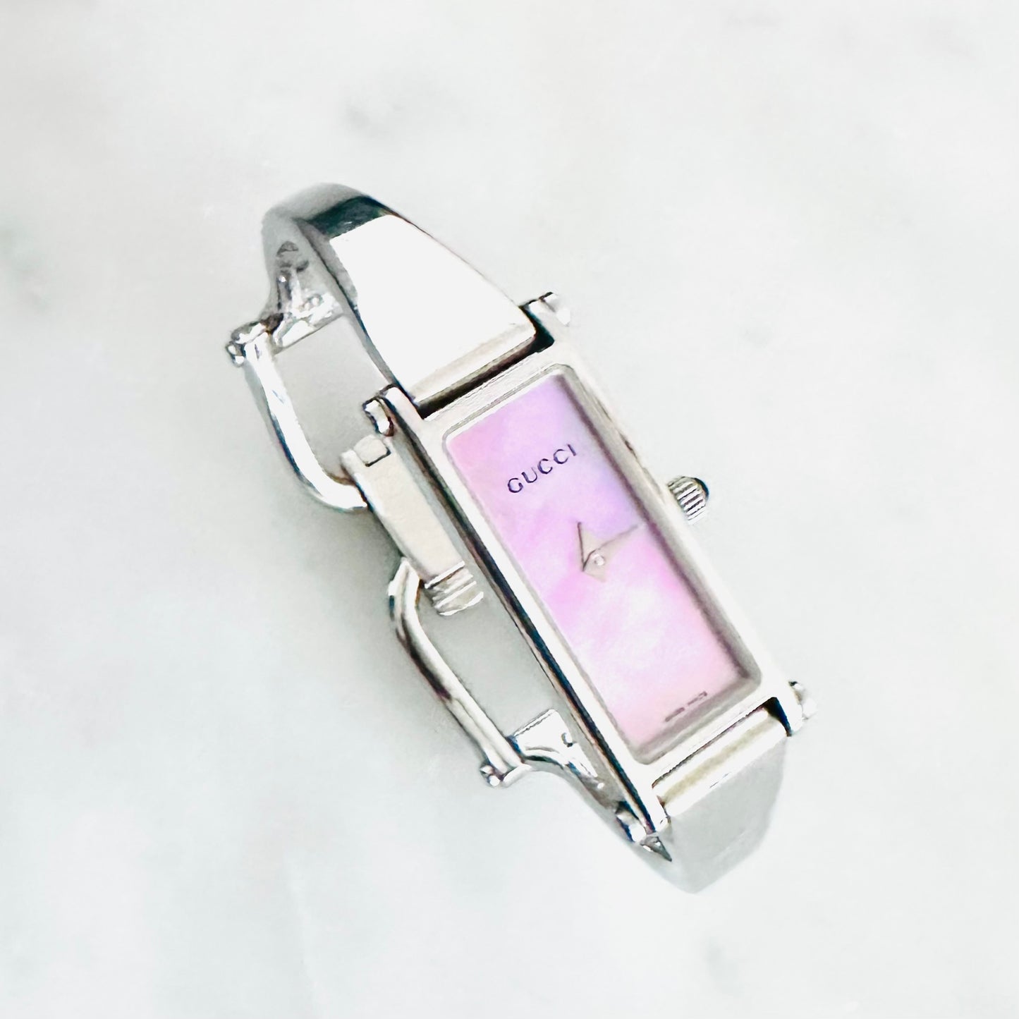 Gucci Pink MOP Mother Of Pearl Rectangular Dial Stainless Steel Bracelet Bangle 12MM 1500L Watch