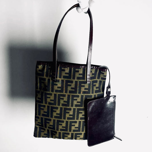 Fendi Zucca Brown FF Monogram Logo Small Shopper Tote Bag With Pouch