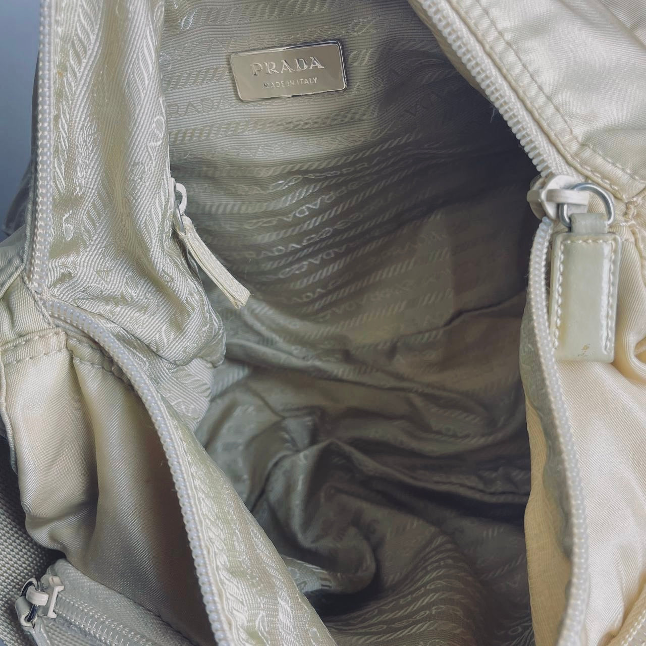 Prada Beige Taupe Vela Classic Logo Nylon & Leather Flap Shoulder Sling Bag