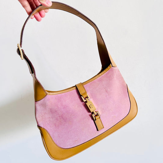 Gucci Pink / Tan Brown GHW Jackie Monogram Logo Suede & Leather Hobo Baguette Shoulder Bag