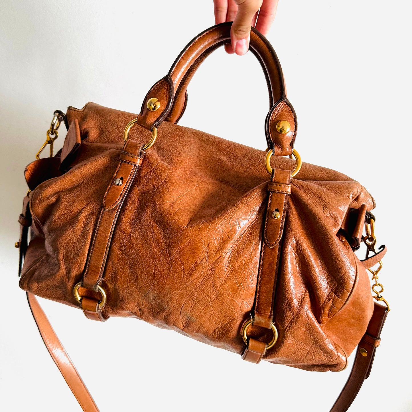 Miu Miu Caramel Brown GHW Vitello Lux Bauletto Classic Logo Shopper Shoulder Sling Tote Bag