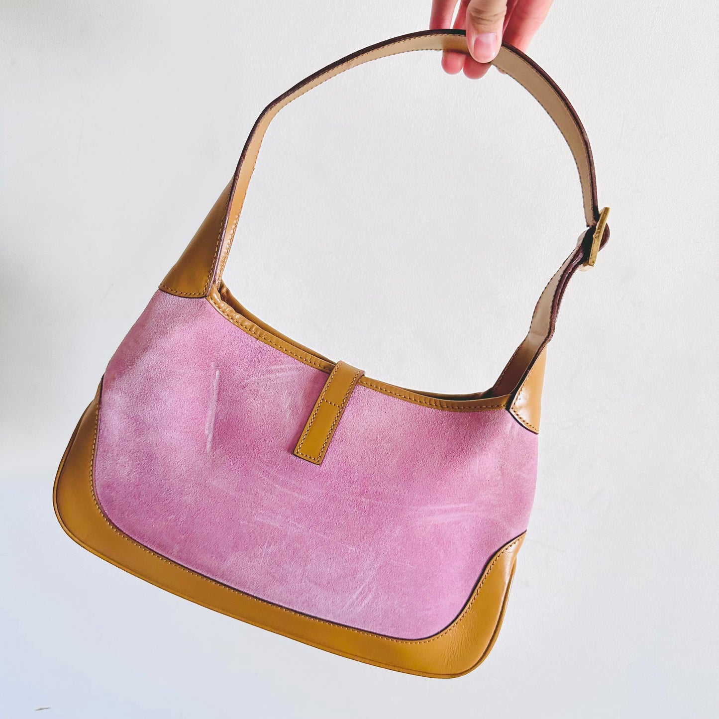 Gucci Pink / Tan Brown GHW Jackie Monogram Logo Suede & Leather Hobo Baguette Shoulder Bag