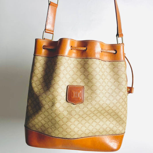 Celine Beige GHW Triomphe Macadam Monogram Logo Vintage Bucket Drawstring Shoulder Sling Bag