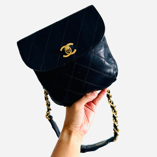 Chanel Navy Blue GHW Giant CC Logo Quilted Lambskin Turnlock 2-Way Vintage Belt Waist Shoulder Sling Bag Clutch Pouch