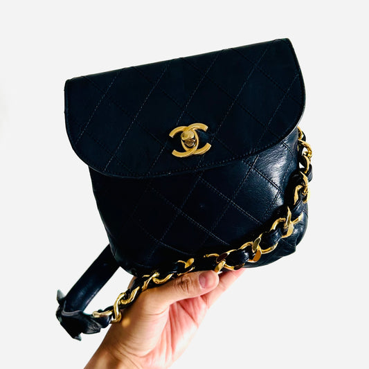 Chanel Navy Blue GHW Giant CC Logo Quilted Lambskin Turnlock 2-Way Vintage Belt Waist Shoulder Sling Bag Clutch Pouch