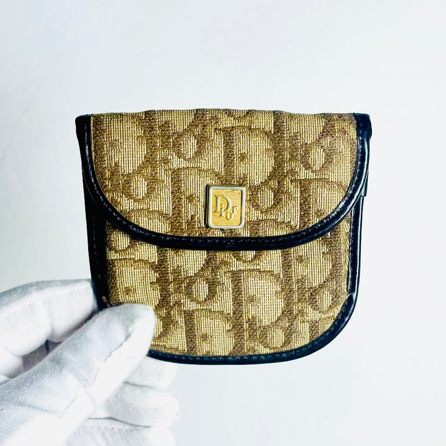 Christian Dior CD Brown GHW Oblique Monogram Logo Flap Coin Pouch Case Wallet