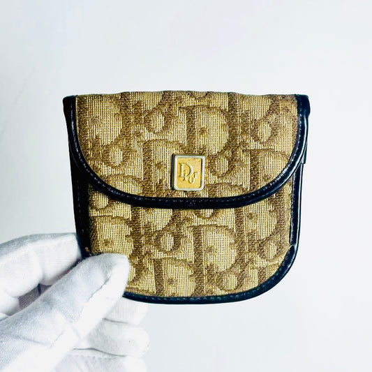 Christian Dior CD Brown GHW Oblique Monogram Logo Flap Coin Pouch Case Wallet