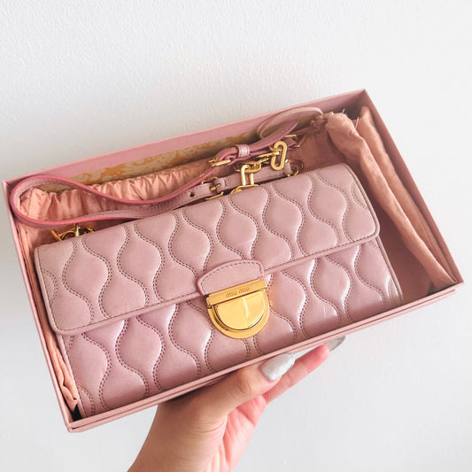 Miu Miu Pink GHW Matelasse Lux Leather Monogram Logo Wallet On Chain WOC Shoulder Sling Bag