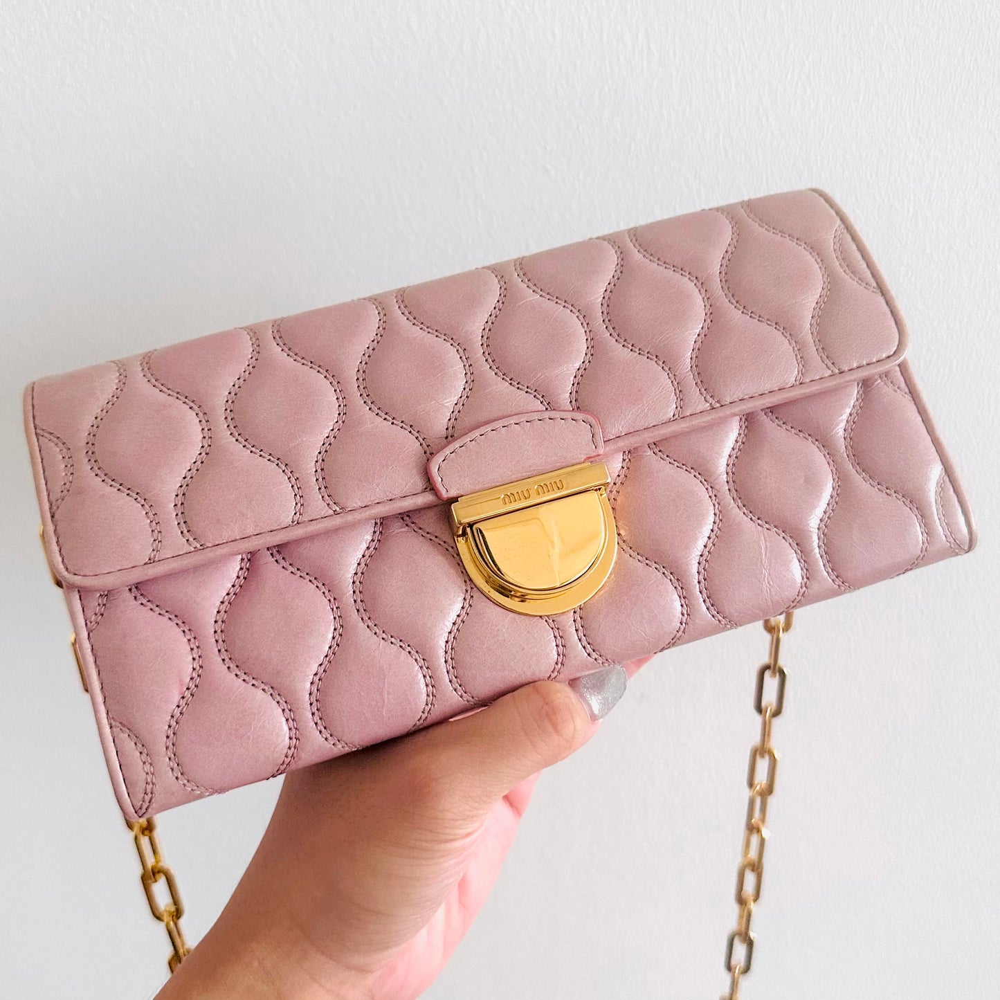 Miu Miu Pink GHW Matelasse Lux Leather Monogram Logo Wallet On Chain WOC Shoulder Sling Bag