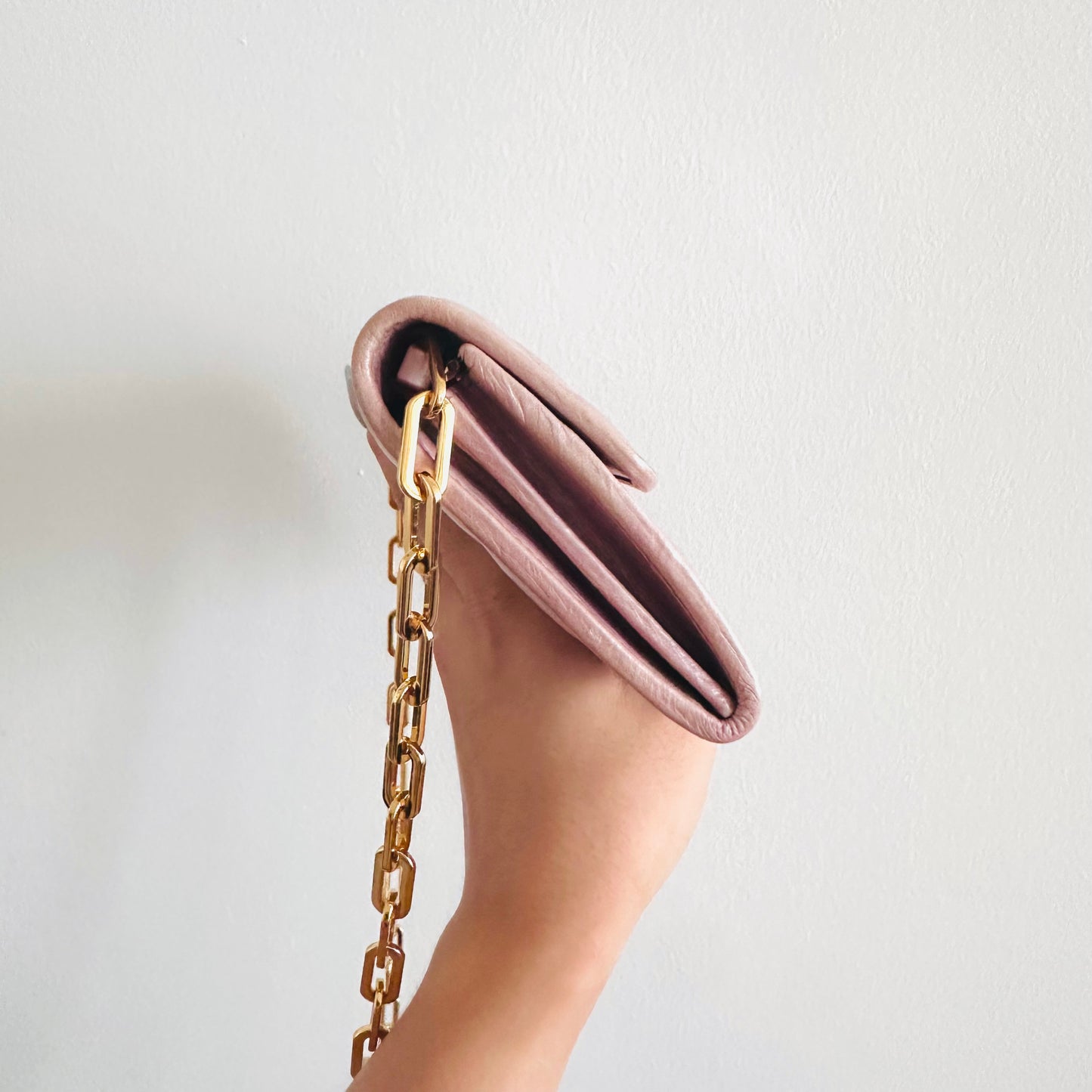 Miu Miu Pink GHW Matelasse Lux Leather Monogram Logo Wallet On Chain WOC Shoulder Sling Bag