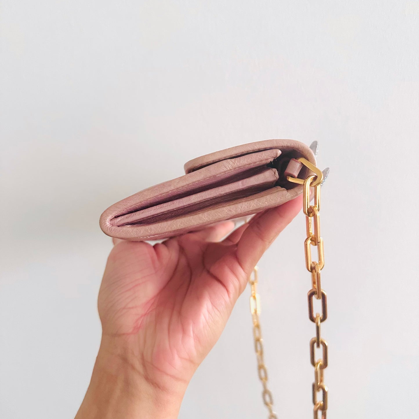 Miu Miu Pink GHW Matelasse Lux Leather Monogram Logo Wallet On Chain WOC Shoulder Sling Bag