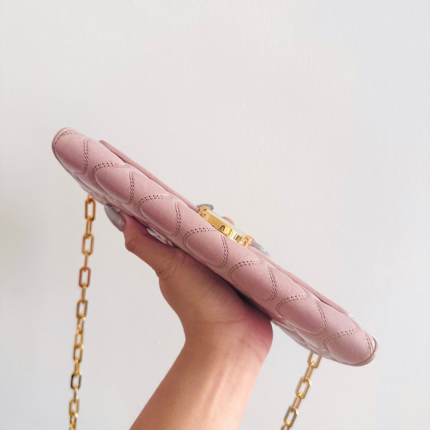 Miu Miu Pink GHW Matelasse Lux Leather Monogram Logo Wallet On Chain WOC Shoulder Sling Bag