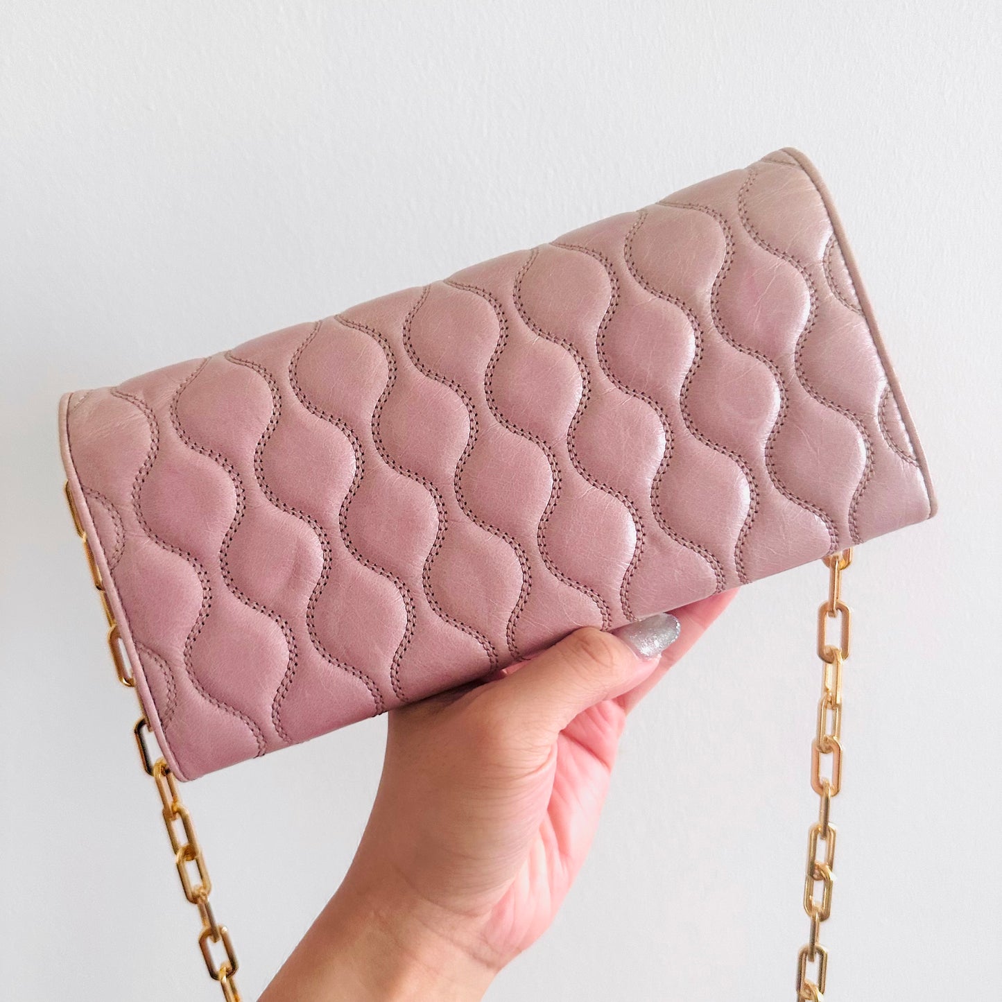 Miu Miu Pink GHW Matelasse Lux Leather Monogram Logo Wallet On Chain WOC Shoulder Sling Bag