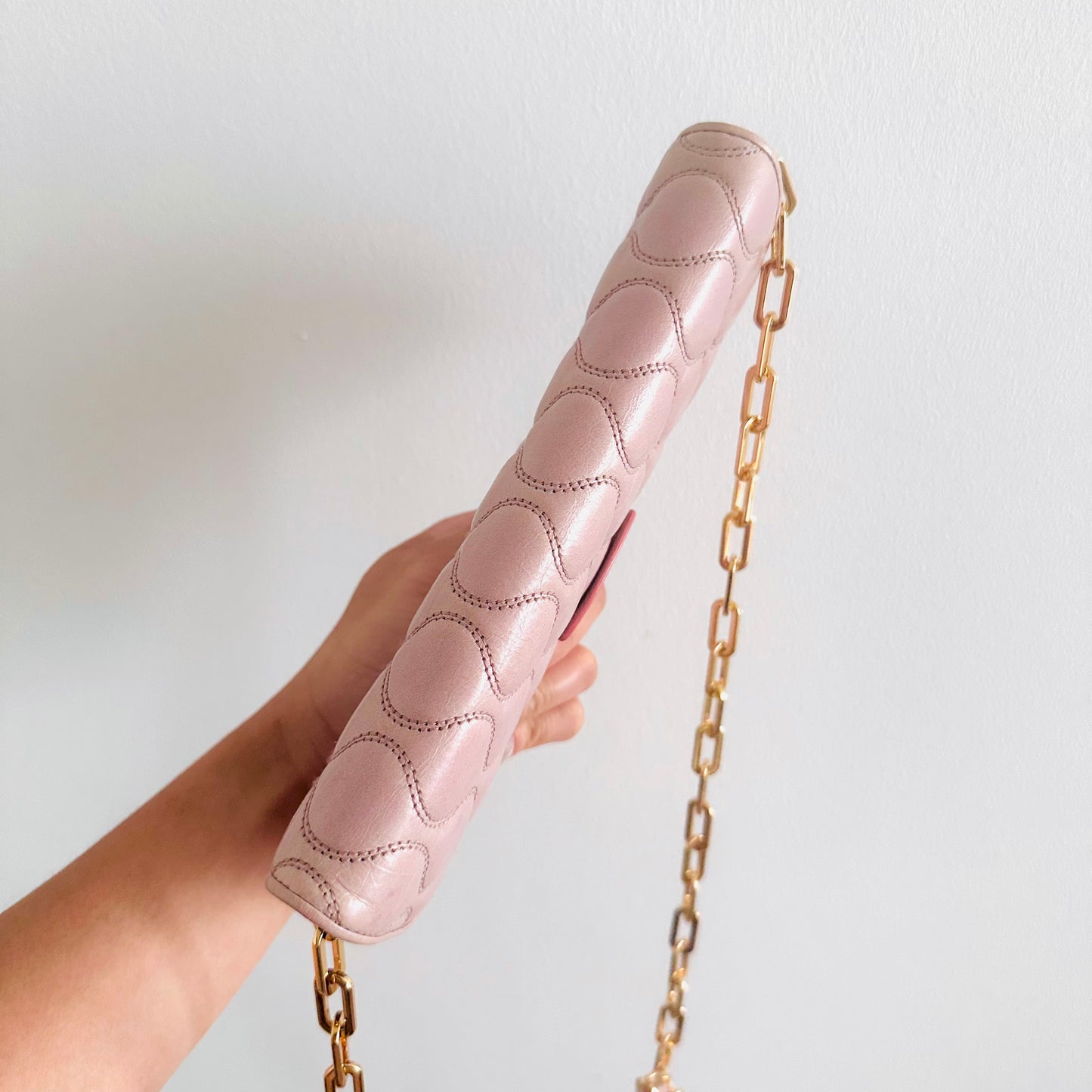 Miu Miu Pink GHW Matelasse Lux Leather Monogram Logo Wallet On Chain WOC Shoulder Sling Bag