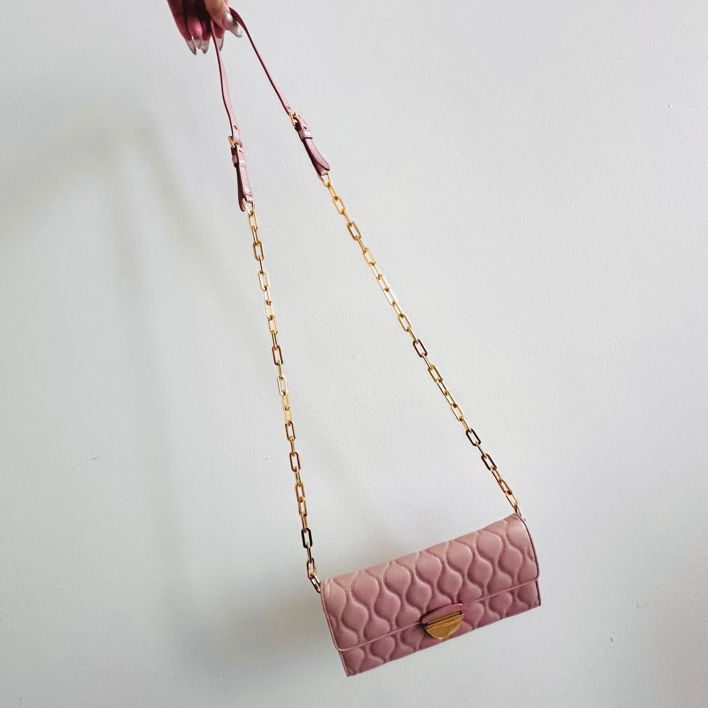 Miu Miu Pink GHW Matelasse Lux Leather Monogram Logo Wallet On Chain WOC Shoulder Sling Bag