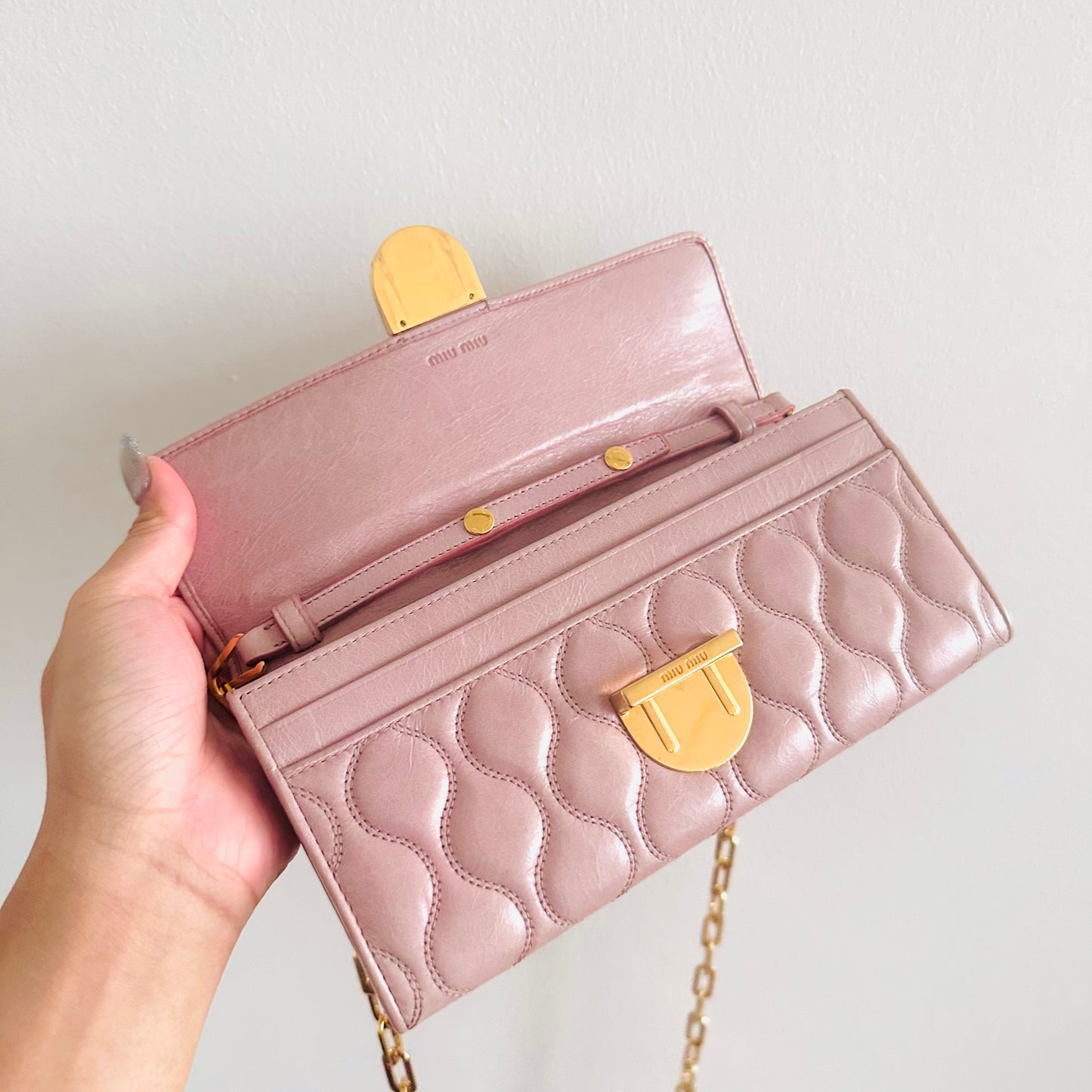 Miu Miu Pink GHW Matelasse Lux Leather Monogram Logo Wallet On Chain WOC Shoulder Sling Bag
