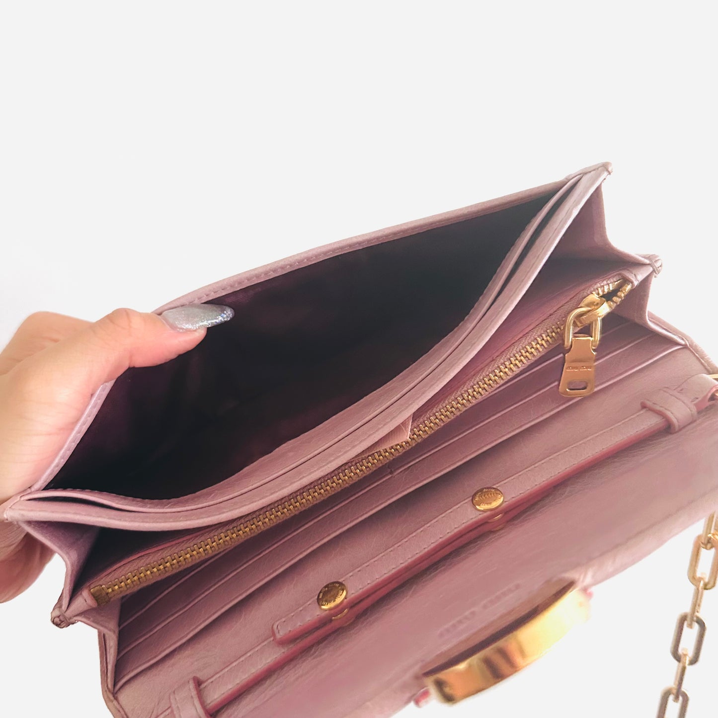 Miu Miu Pink GHW Matelasse Lux Leather Monogram Logo Wallet On Chain WOC Shoulder Sling Bag