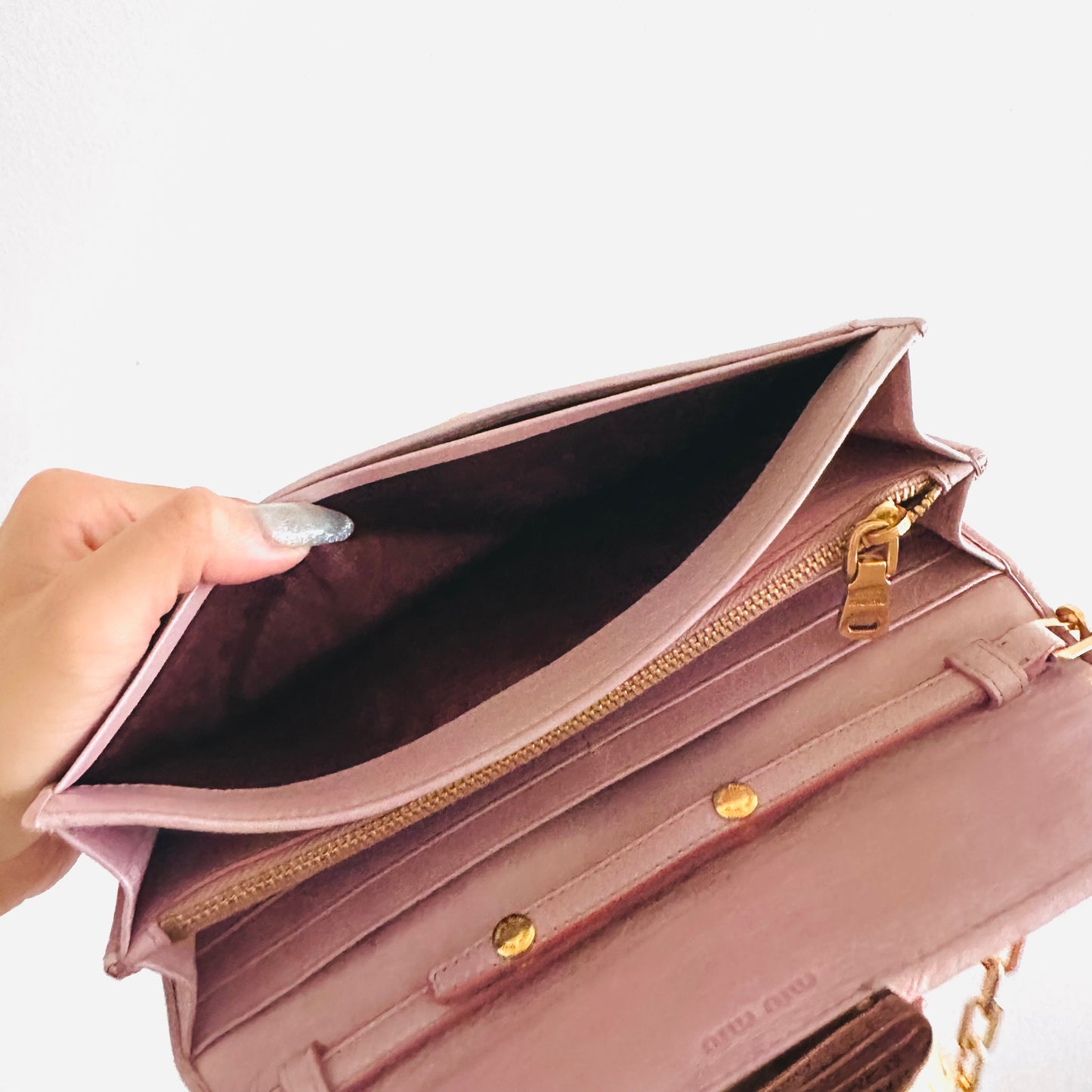 Miu Miu Pink GHW Matelasse Lux Leather Monogram Logo Wallet On Chain WOC Shoulder Sling Bag