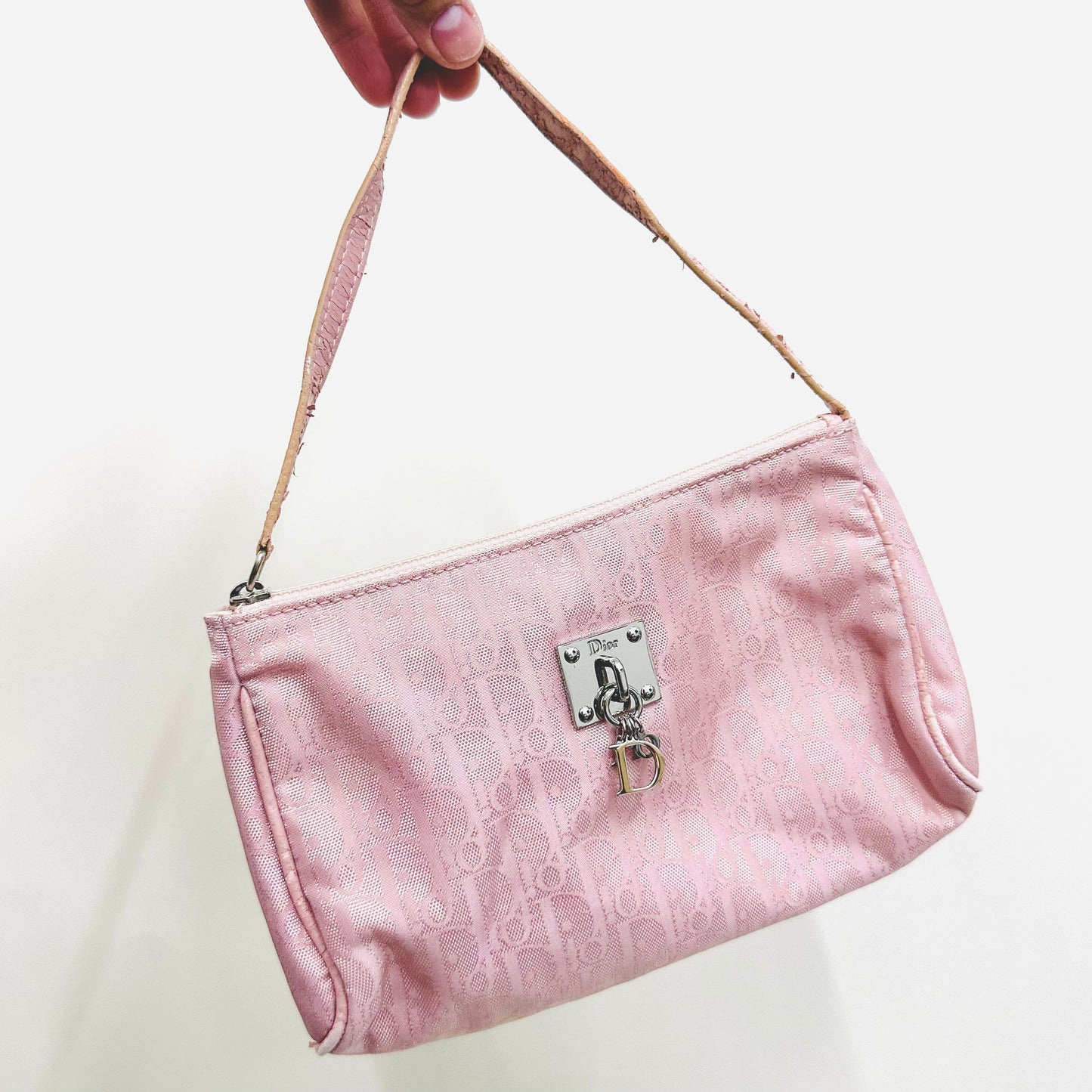 Christian Dior Lady Dior Charms CD Pink Oblique Monogram Logo Hobo Baguette Shoulder Bag