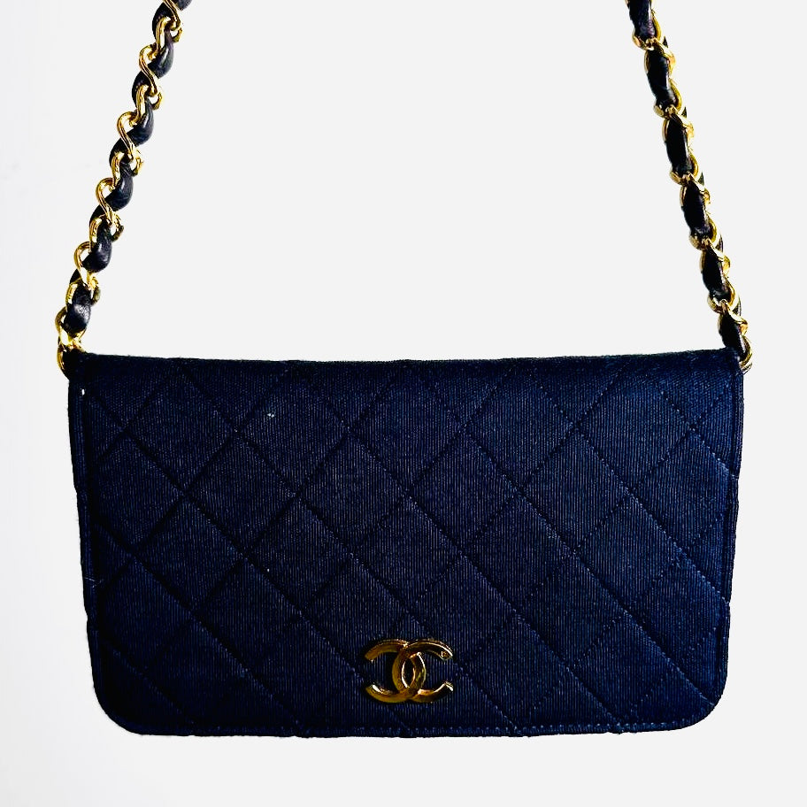 Chanel Navy Blue GHW Quilted Jersey Fabric CC Logo Vintage Full Flap Mini Shoulder Sling Bag
