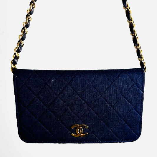 Chanel Navy Blue GHW Quilted Jersey Fabric CC Logo Vintage Full Flap Mini Shoulder Sling Bag