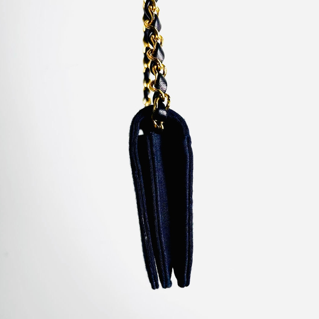 Chanel Navy Blue GHW Quilted Jersey Fabric CC Logo Vintage Full Flap Mini Shoulder Sling Bag