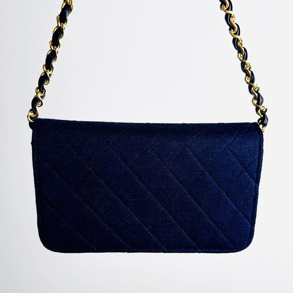 Chanel Navy Blue GHW Quilted Jersey Fabric CC Logo Vintage Full Flap Mini Shoulder Sling Bag