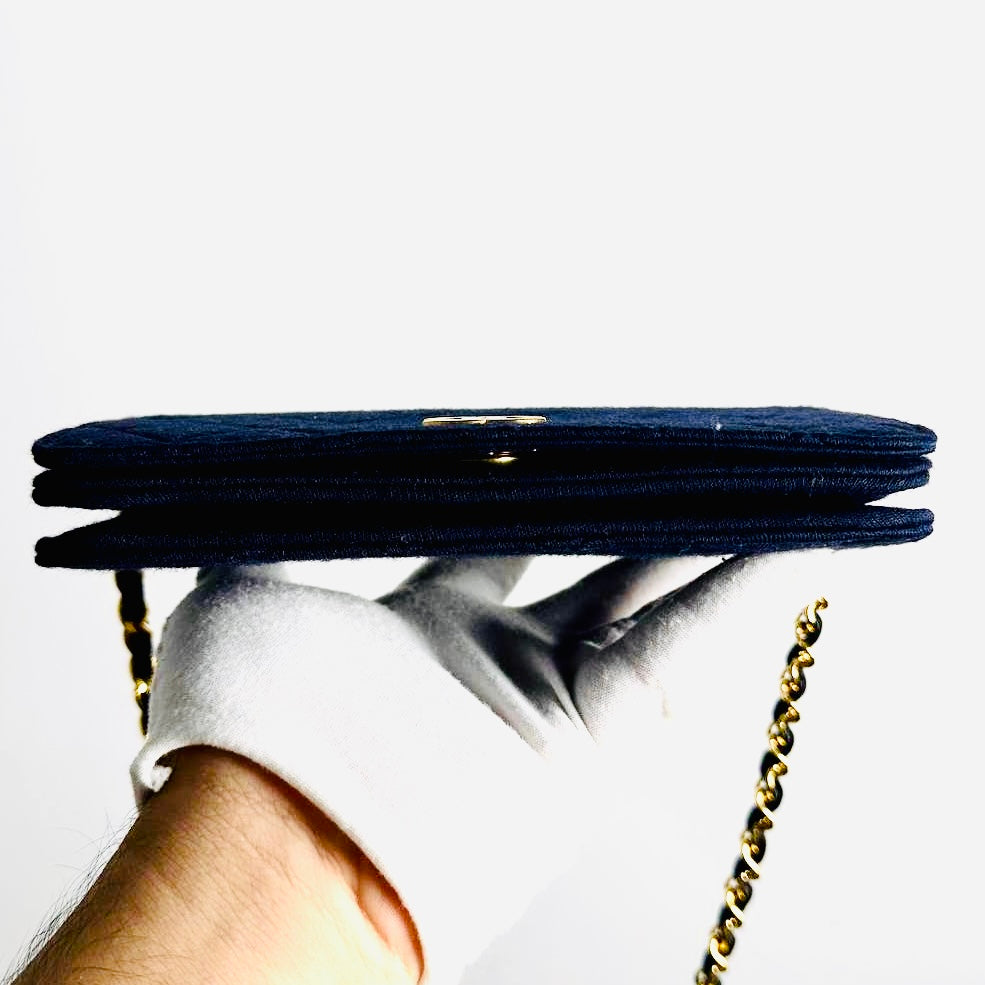 Chanel Navy Blue GHW Quilted Jersey Fabric CC Logo Vintage Full Flap Mini Shoulder Sling Bag
