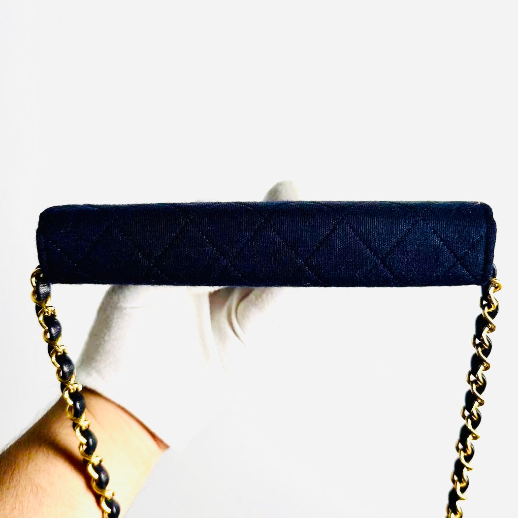 Chanel Navy Blue GHW Quilted Jersey Fabric CC Logo Vintage Full Flap Mini Shoulder Sling Bag