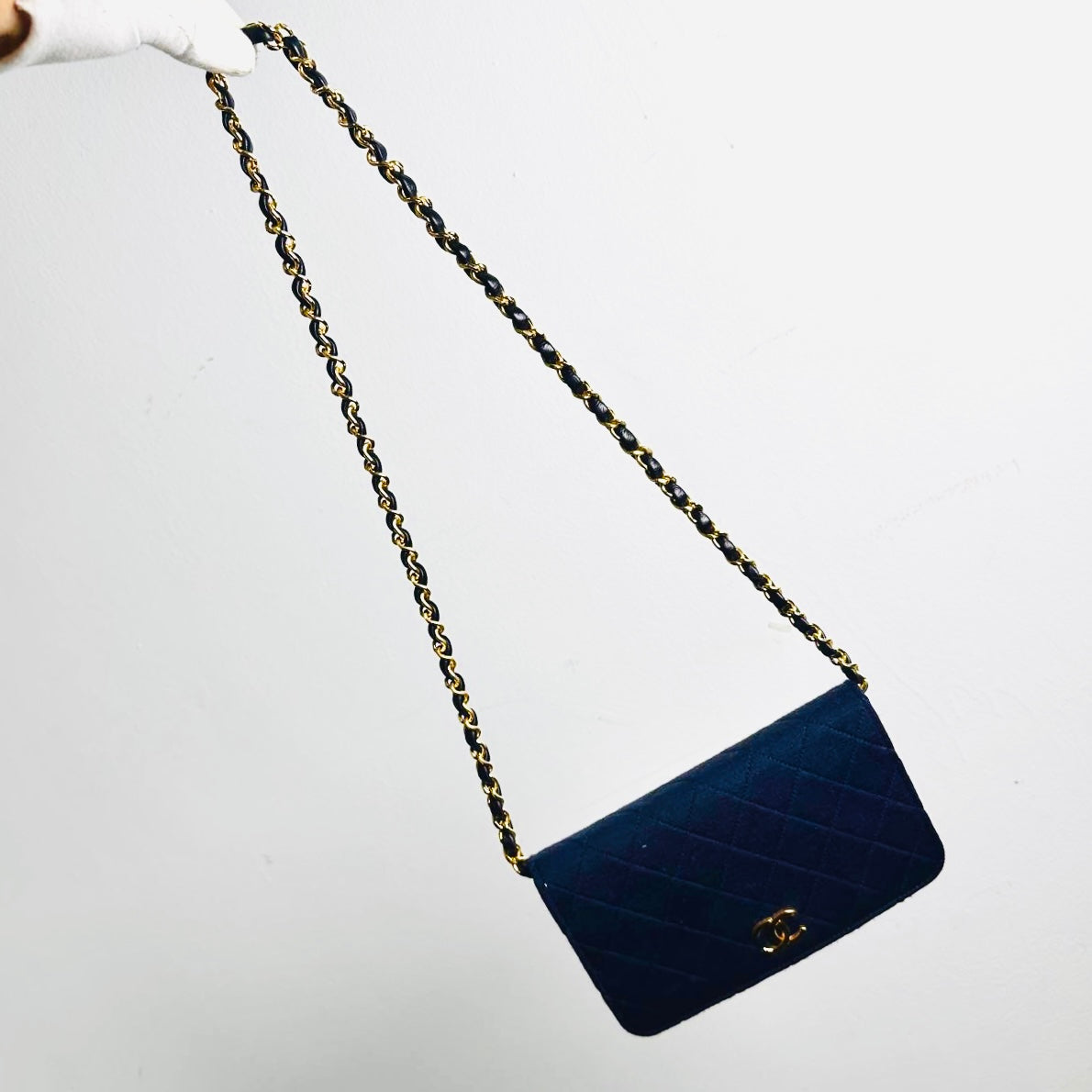Chanel Navy Blue GHW Quilted Jersey Fabric CC Logo Vintage Full Flap Mini Shoulder Sling Bag