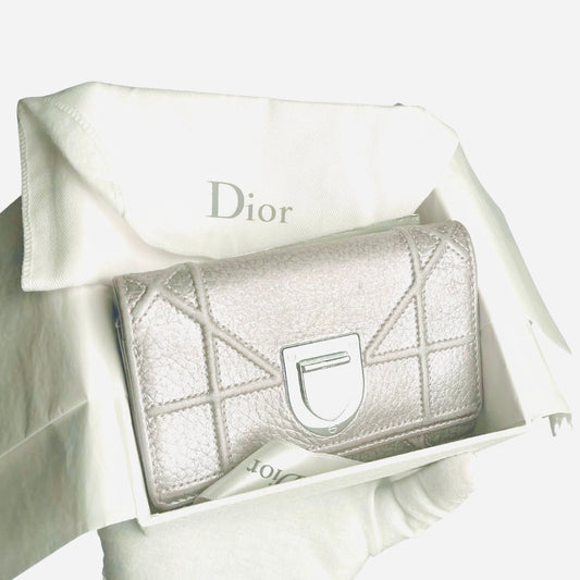 Christian Dior Diorama Iridescent Grey Light Gold Hardware CD Monogram Logo Quilted Cannage Leather Flap Compact Trifold Wallet