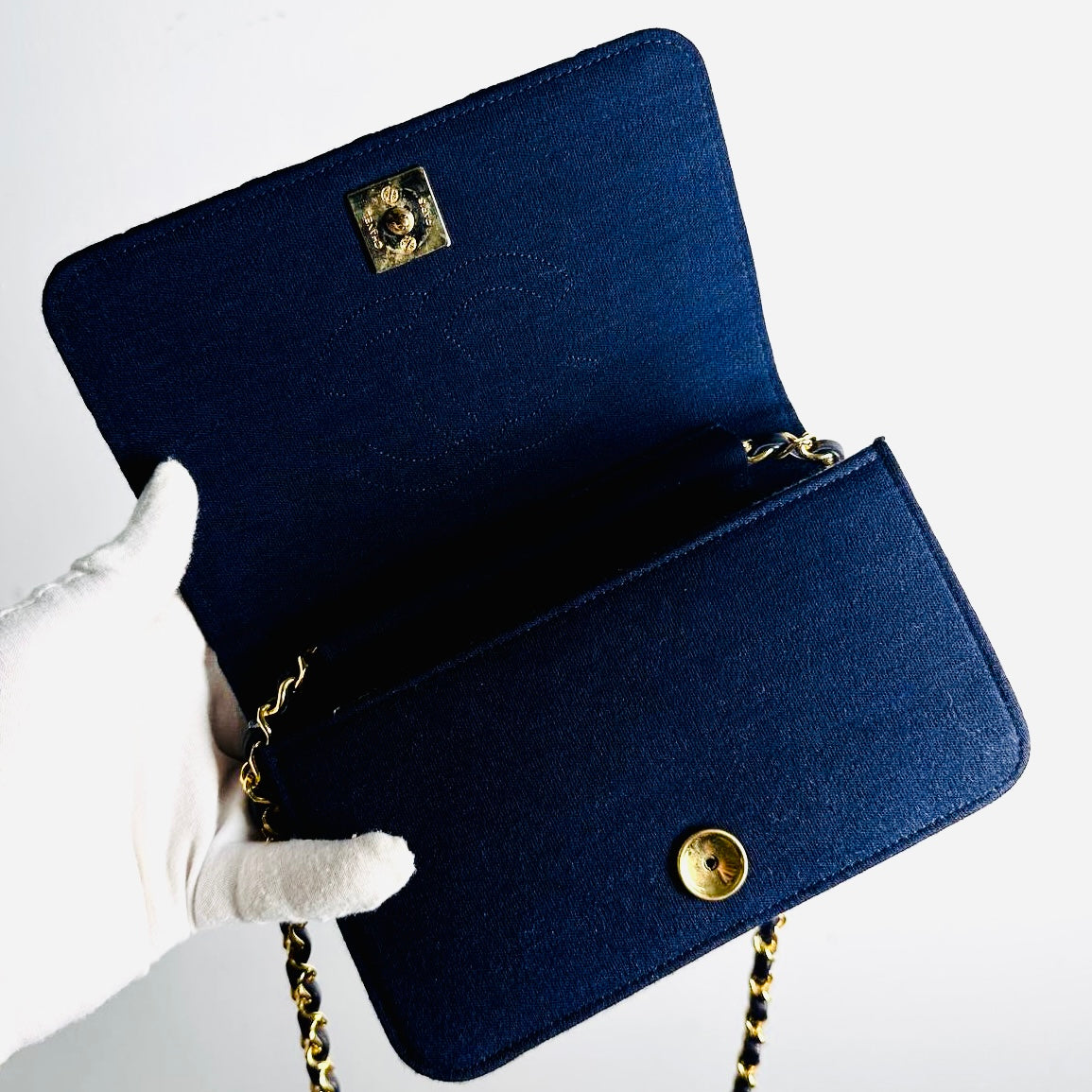 Chanel Navy Blue GHW Quilted Jersey Fabric CC Logo Vintage Full Flap Mini Shoulder Sling Bag