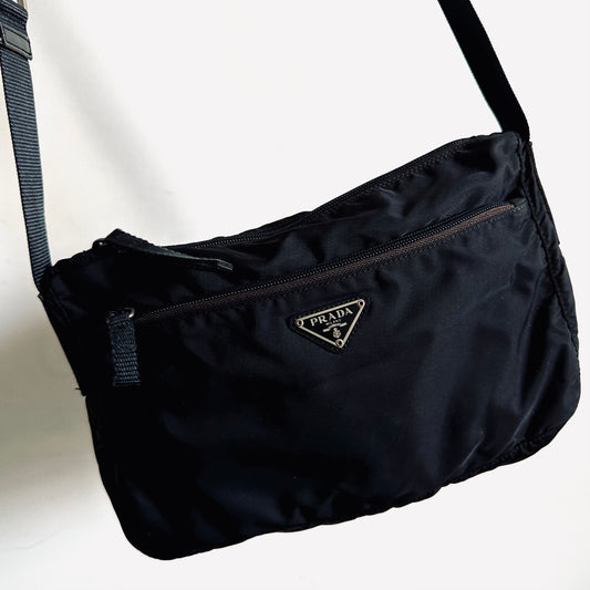 Prada Tessuto Black Monogram Logo Classic Nylon & Leather Zip Shoulder Sling Bag