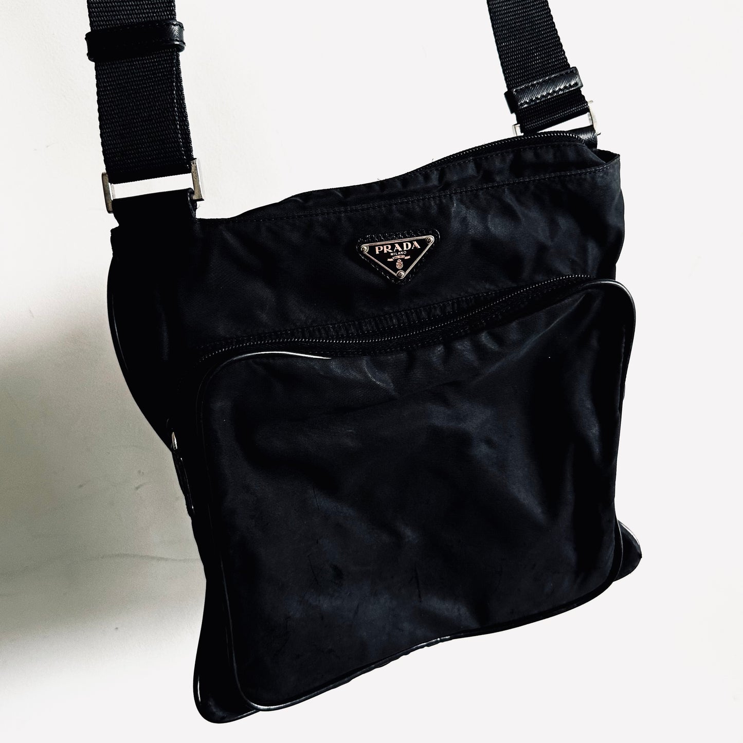 Prada Black Classic Logo Tessuto Nylon & Leather Camera Shoulder Sling Bag