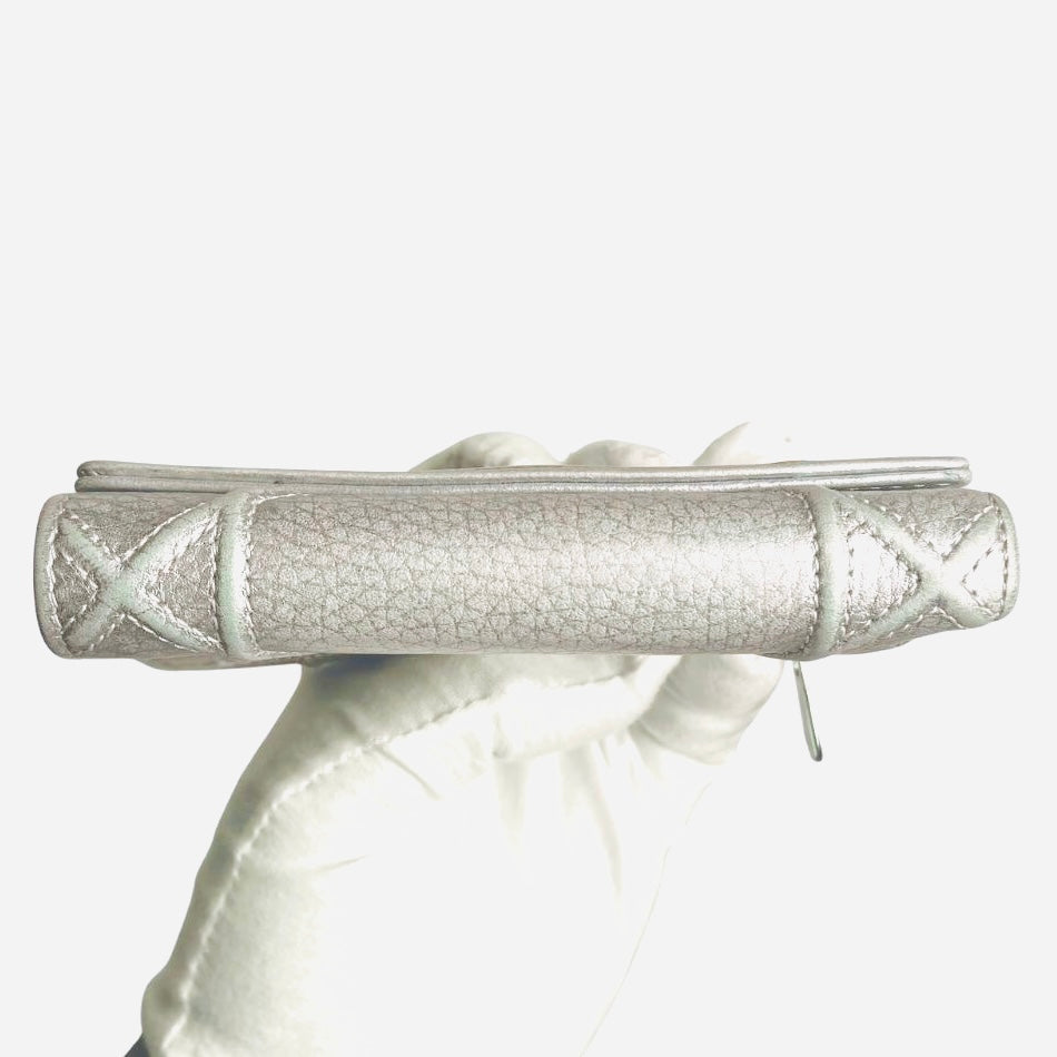 Christian Dior Diorama Iridescent Grey Light Gold Hardware CD Monogram Logo Quilted Cannage Leather Flap Compact Trifold Wallet
